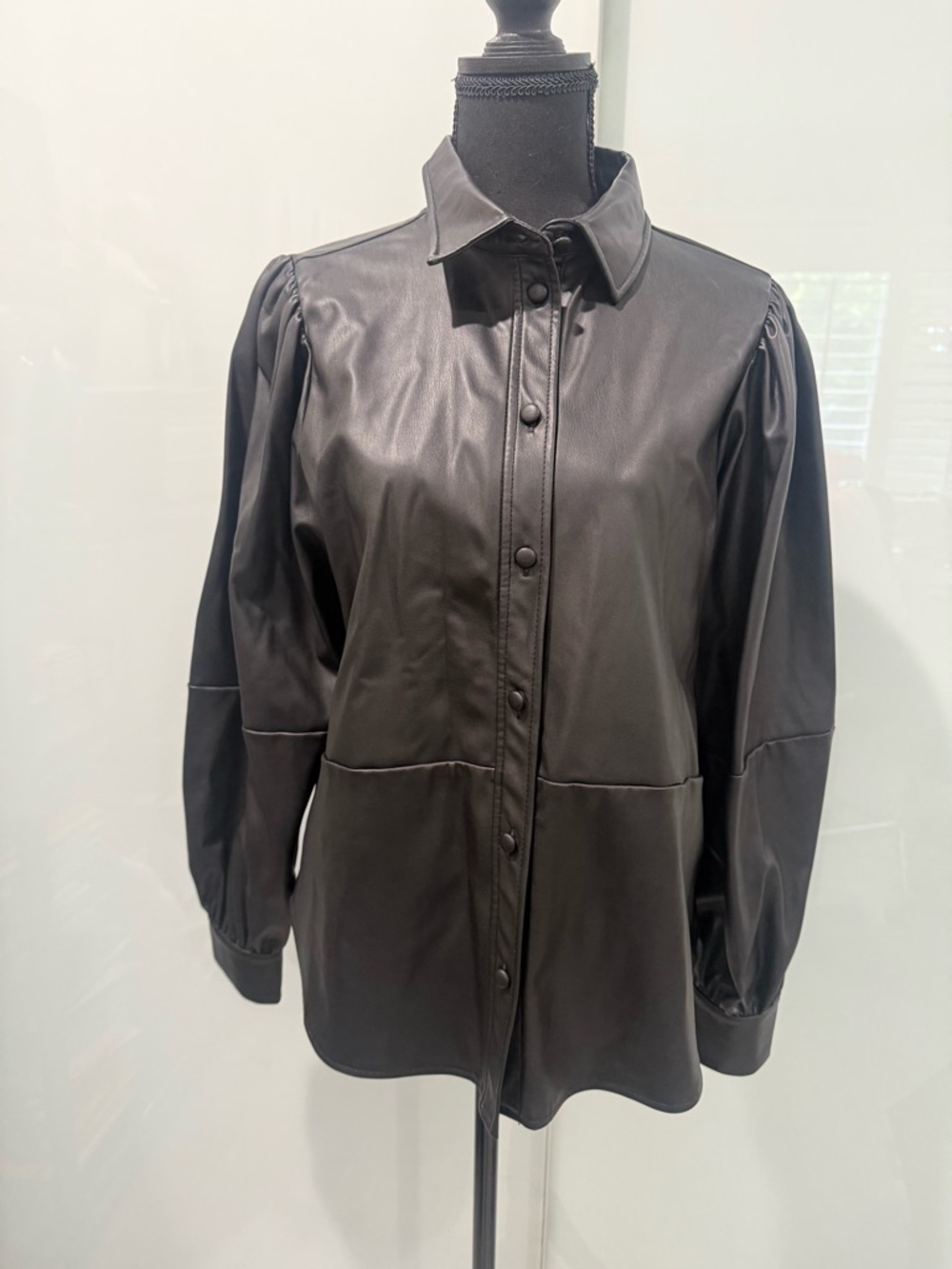 H&M Black Faux Leather Button-Front Shirt Jacket with Puff Sleeves